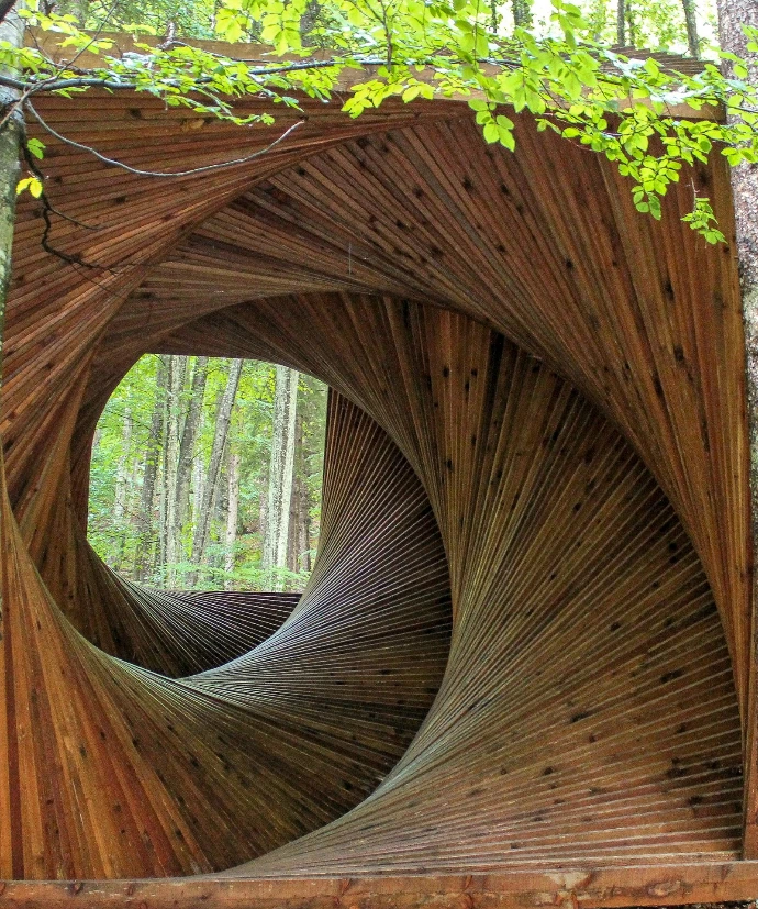 Wooden structure with a swirling vortex design in forest